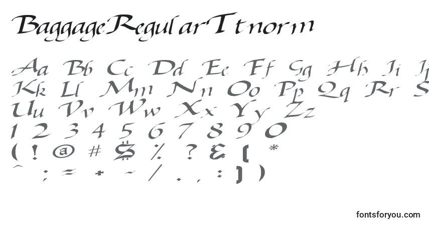 A fonte BaggageRegularTtnorm – alfabeto, números, caracteres especiais