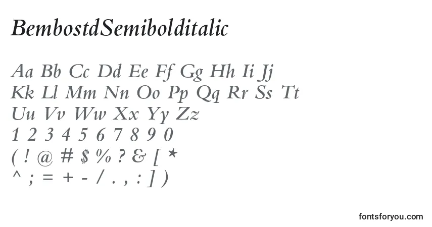 Czcionka BembostdSemibolditalic – alfabet, cyfry, specjalne znaki