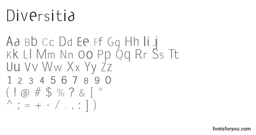 Czcionka Diversitia – alfabet, cyfry, specjalne znaki