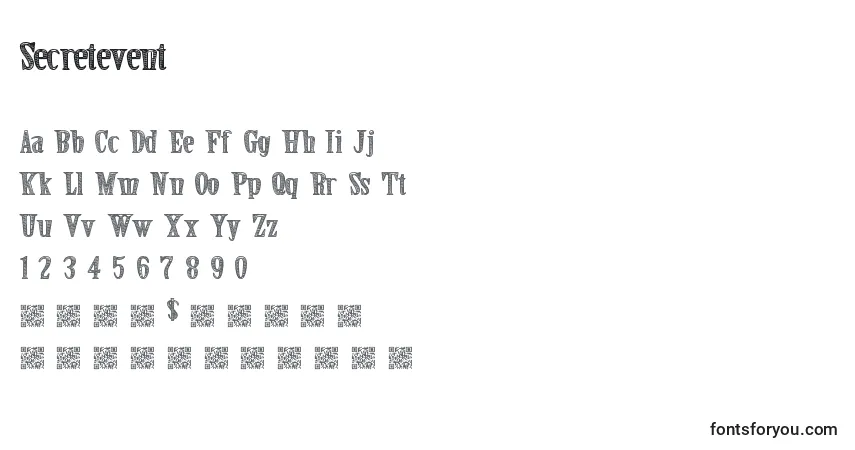 A fonte Secretevent – alfabeto, números, caracteres especiais