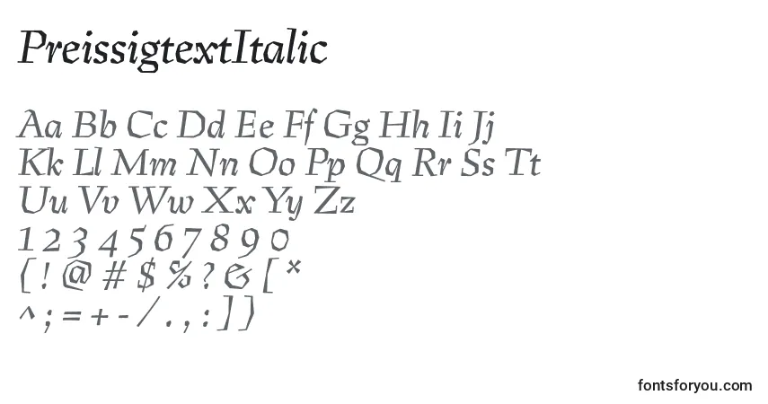 A fonte PreissigtextItalic – alfabeto, números, caracteres especiais