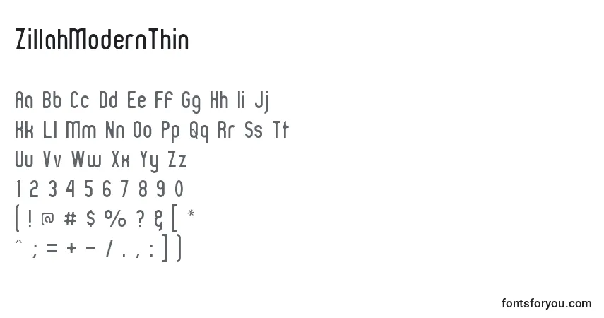 Schriftart ZillahModernThin – Alphabet, Zahlen, spezielle Symbole