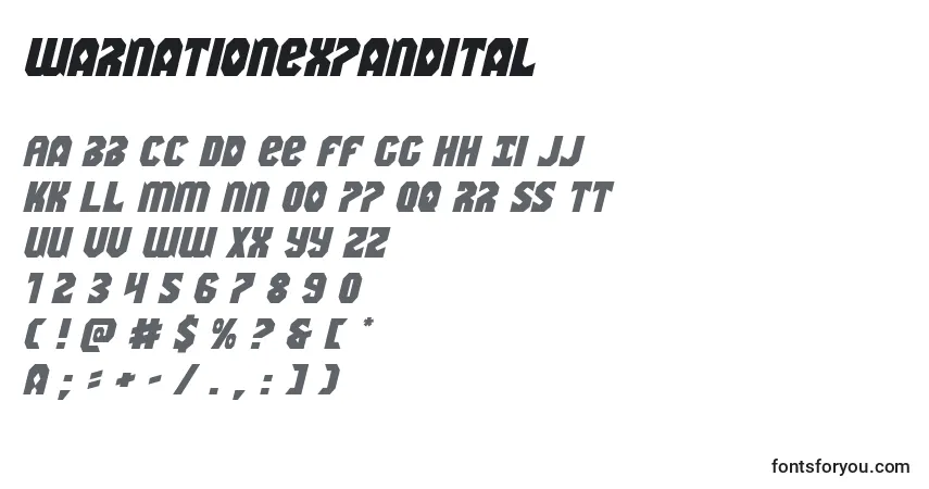 Czcionka Warnationexpandital – alfabet, cyfry, specjalne znaki