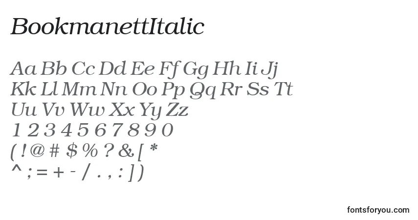 Czcionka BookmanettItalic – alfabet, cyfry, specjalne znaki
