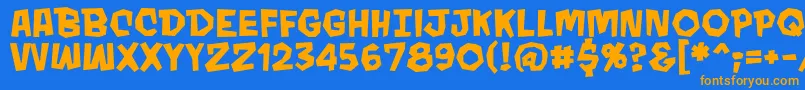 フォントMondobeyondobb ffy – オレンジ色の文字が青い背景にあります。