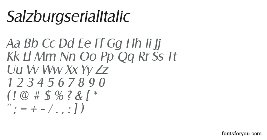 Czcionka SalzburgserialItalic – alfabet, cyfry, specjalne znaki