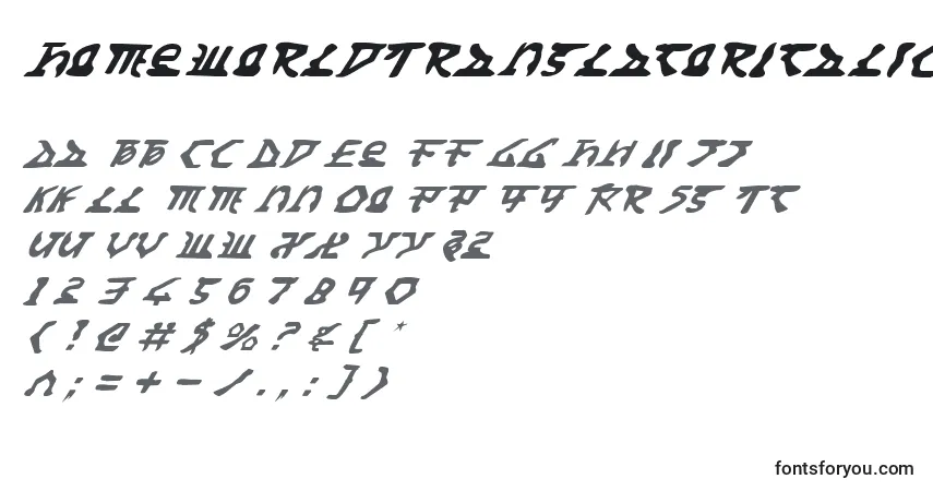 Schriftart HomeworldTranslatorItalic – Alphabet, Zahlen, spezielle Symbole