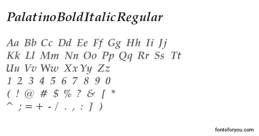 A fonte PalatinoBoldItalicRegular – alfabeto, números, caracteres especiais