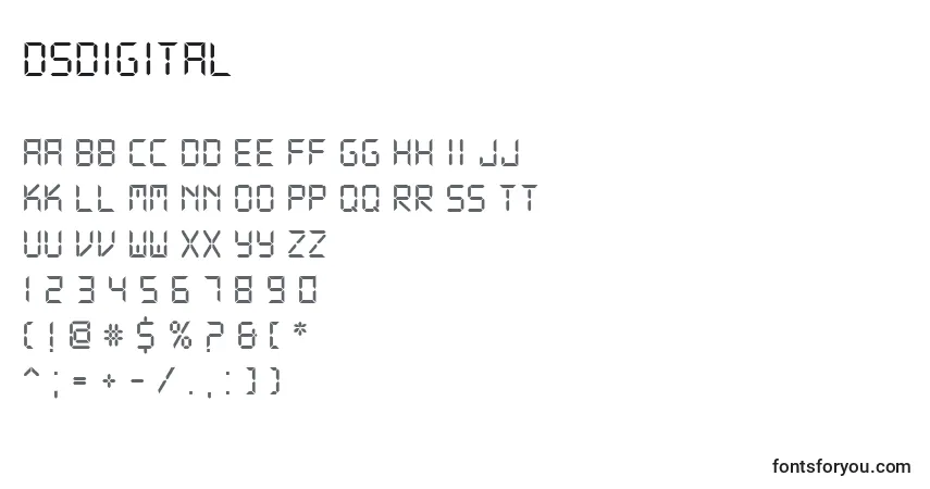 Czcionka DsDigital – alfabet, cyfry, specjalne znaki