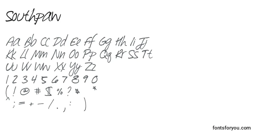 Schriftart Southpaw (60365) – Alphabet, Zahlen, spezielle Symbole
