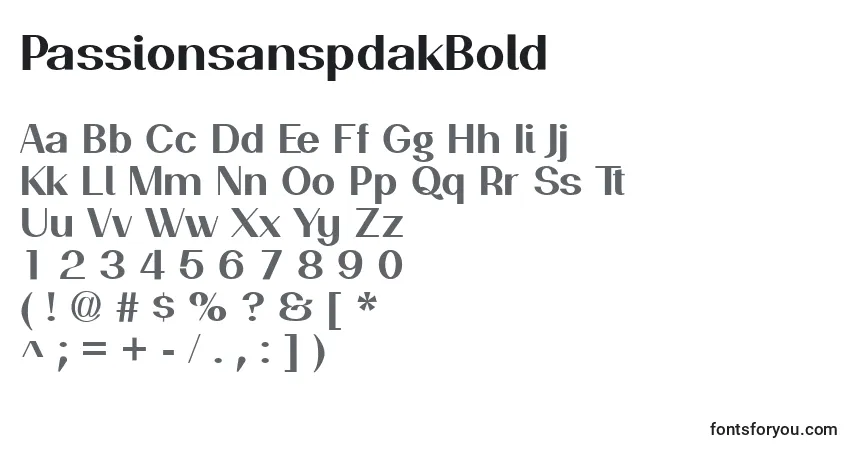 Czcionka PassionsanspdakBold – alfabet, cyfry, specjalne znaki