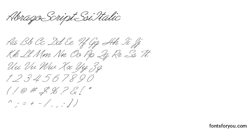 Czcionka AbrazoScriptSsiItalic – alfabet, cyfry, specjalne znaki