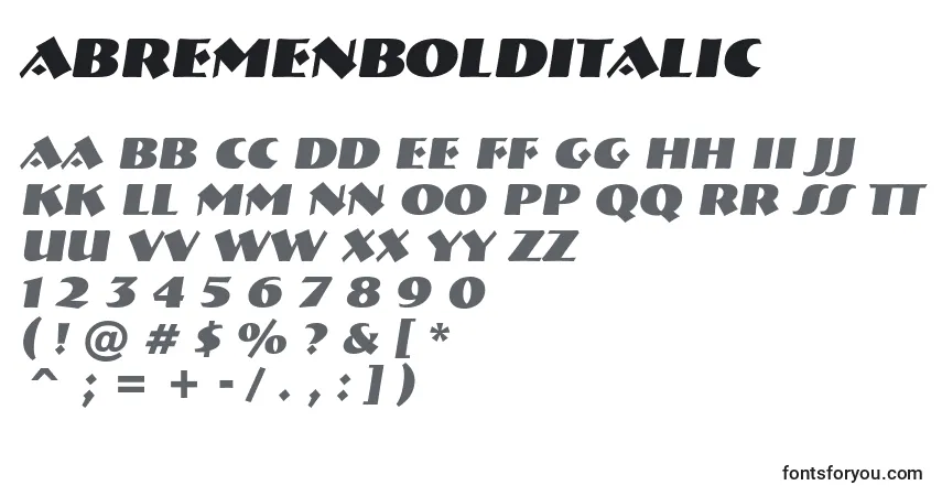 Czcionka ABremenBolditalic – alfabet, cyfry, specjalne znaki