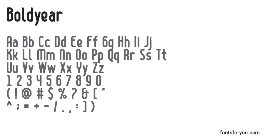 Schriftart Boldyear – Alphabet, Zahlen, spezielle Symbole