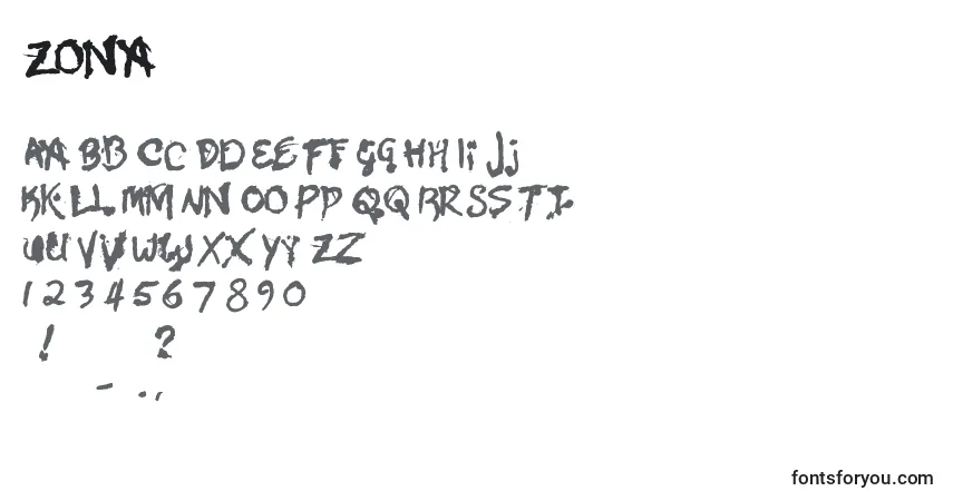 Czcionka Zona – alfabet, cyfry, specjalne znaki