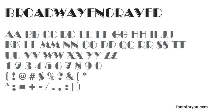 A fonte Broadwayengraved – alfabeto, números, caracteres especiais