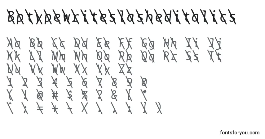Czcionka Bptypewriteslasheditalics – alfabet, cyfry, specjalne znaki