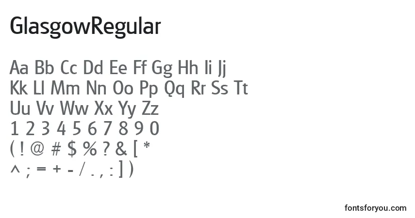 Czcionka GlasgowRegular – alfabet, cyfry, specjalne znaki