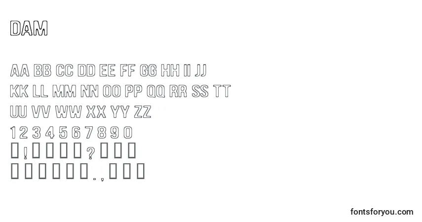 Schriftart Dam – Alphabet, Zahlen, spezielle Symbole