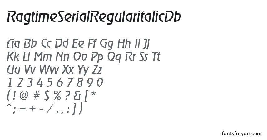 A fonte RagtimeSerialRegularitalicDb – alfabeto, números, caracteres especiais