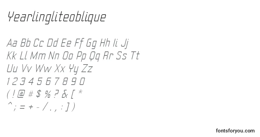 A fonte Yearlingliteoblique – alfabeto, números, caracteres especiais