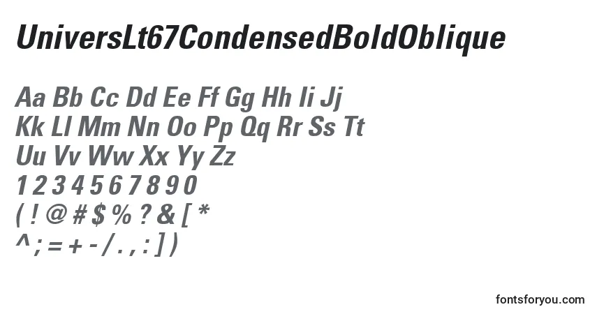 Schriftart UniversLt67CondensedBoldOblique – Alphabet, Zahlen, spezielle Symbole