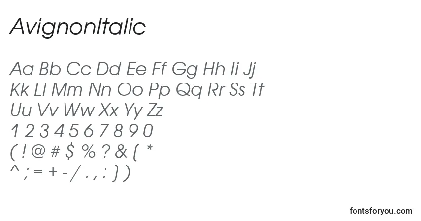 Schriftart AvignonItalic – Alphabet, Zahlen, spezielle Symbole