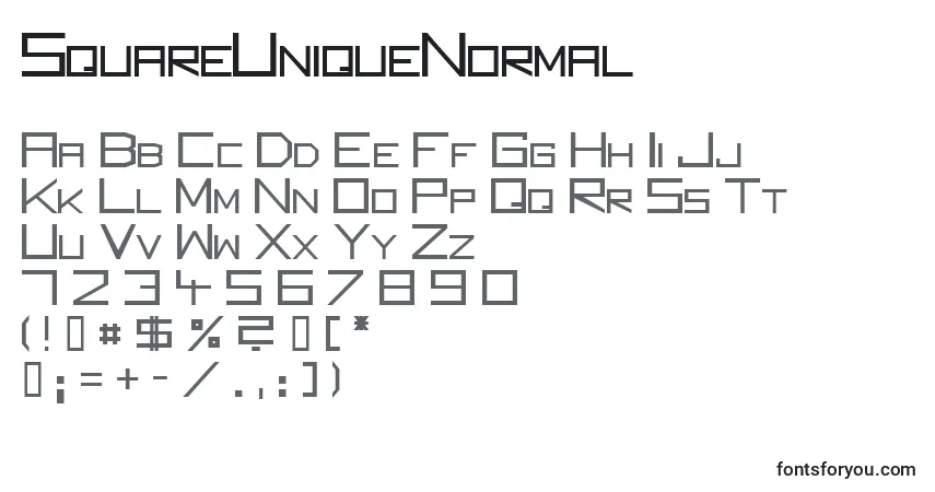 A fonte SquareUniqueNormal – alfabeto, números, caracteres especiais