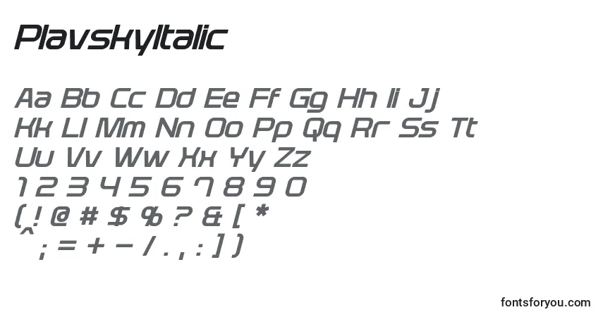 Czcionka PlavskyItalic – alfabet, cyfry, specjalne znaki