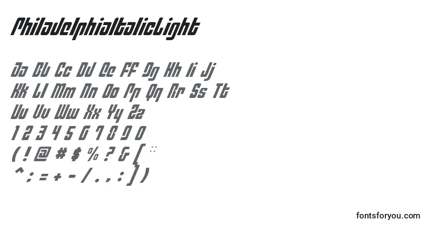 A fonte PhiladelphiaItalicLight – alfabeto, números, caracteres especiais