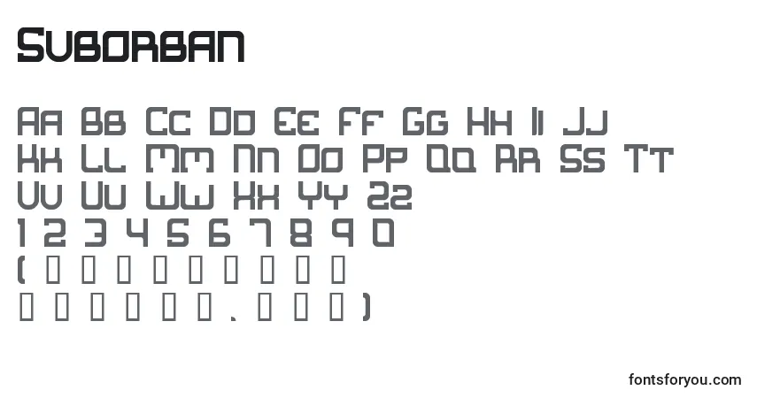 Schriftart Suborban – Alphabet, Zahlen, spezielle Symbole