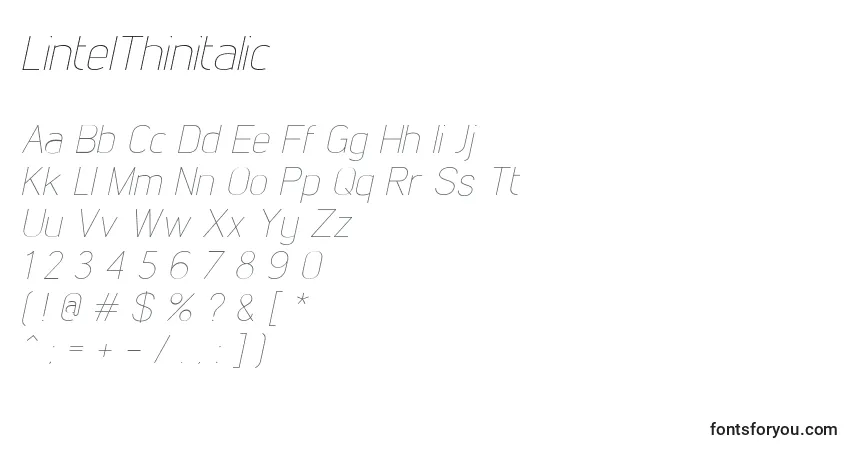 Шрифт LintelThinitalic – алфавит, цифры, специальные символы