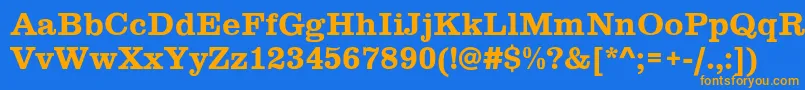 フォントClarendon – オレンジ色の文字が青い背景にあります。