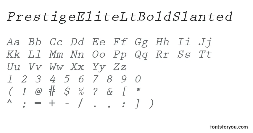 A fonte PrestigeEliteLtBoldSlanted – alfabeto, números, caracteres especiais