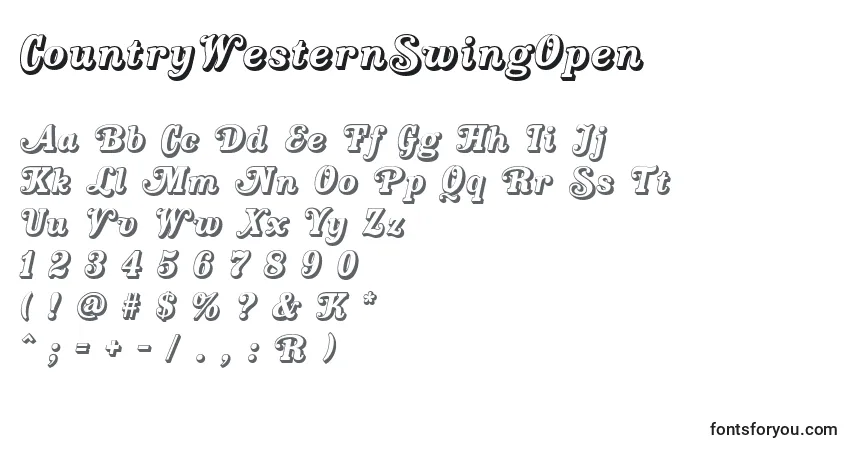 Czcionka CountryWesternSwingOpen – alfabet, cyfry, specjalne znaki