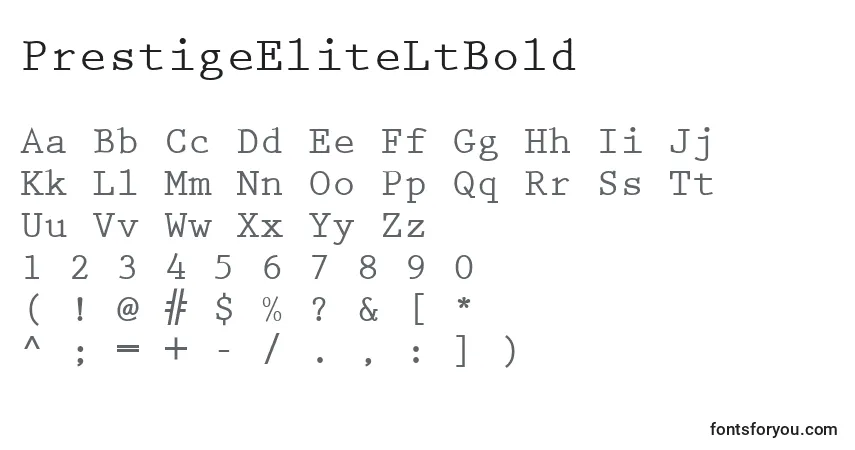 Czcionka PrestigeEliteLtBold – alfabet, cyfry, specjalne znaki