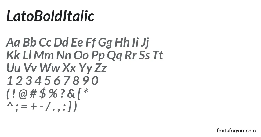 Schriftart LatoBoldItalic – Alphabet, Zahlen, spezielle Symbole