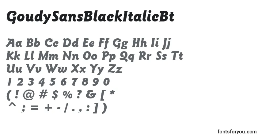 Шрифт GoudySansBlackItalicBt – алфавит, цифры, специальные символы