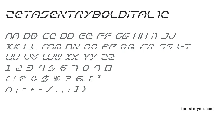 A fonte ZetaSentryBoldItalic – alfabeto, números, caracteres especiais