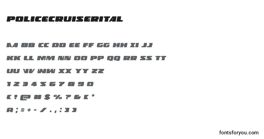 Czcionka Policecruiserital – alfabet, cyfry, specjalne znaki
