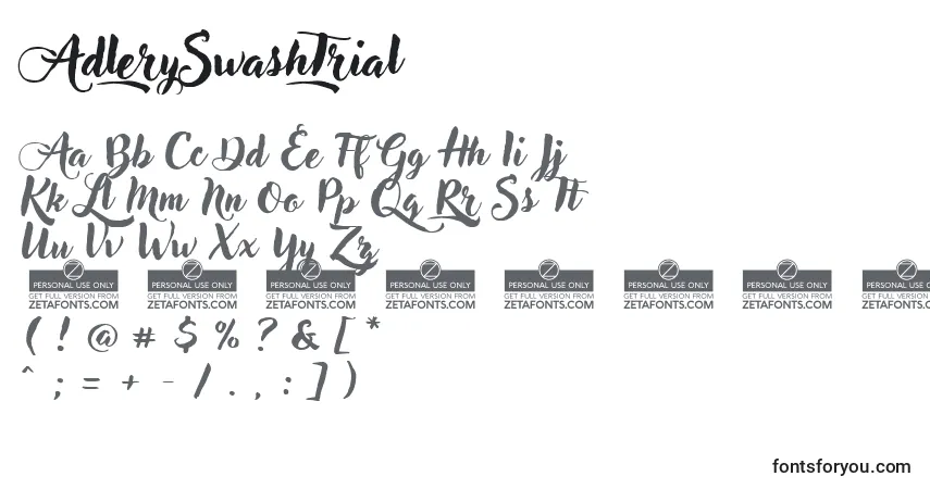 Czcionka AdlerySwashTrial – alfabet, cyfry, specjalne znaki