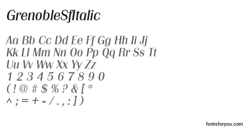 Schriftart GrenobleSfItalic – Alphabet, Zahlen, spezielle Symbole