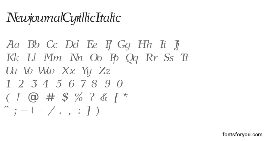A fonte NewjournalCyrillicItalic – alfabeto, números, caracteres especiais