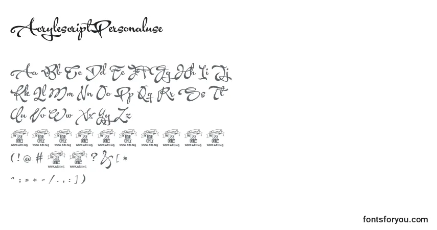 Czcionka AcrylescriptPersonaluse – alfabet, cyfry, specjalne znaki
