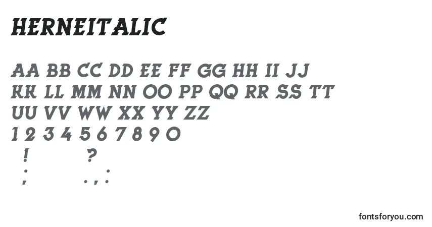 A fonte HerneItalic – alfabeto, números, caracteres especiais