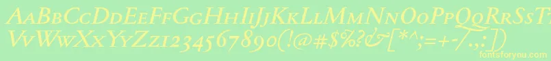 フォントJannontextmedscItalic – 黄色の文字が緑の背景にあります