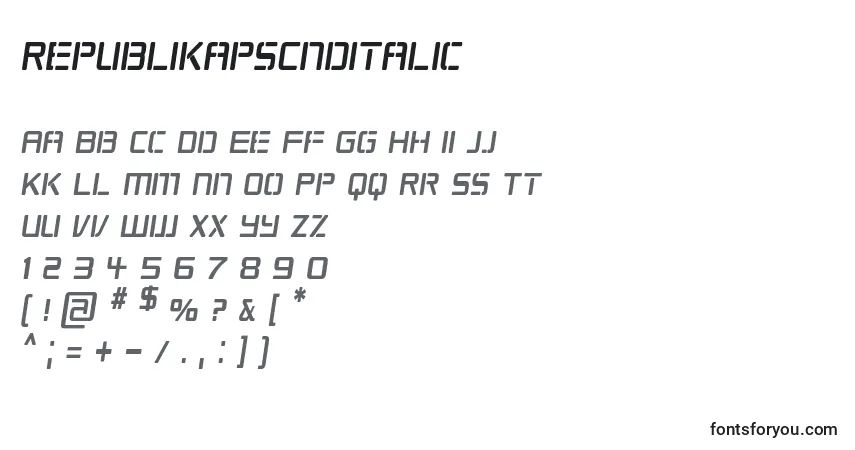 Шрифт RepublikapsCndItalic – алфавит, цифры, специальные символы