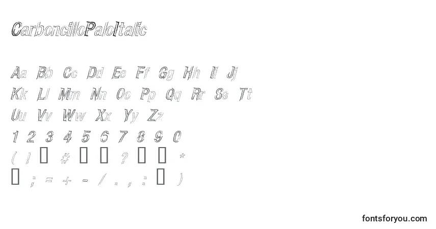 Czcionka CarboncilloPaloItalic – alfabet, cyfry, specjalne znaki