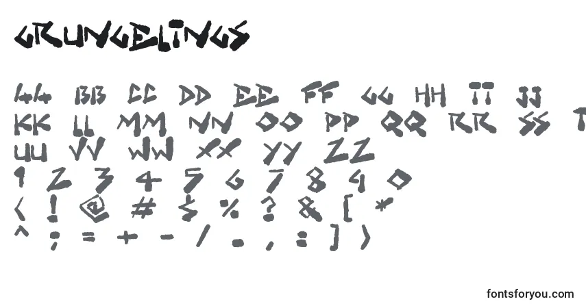Czcionka Grungelings – alfabet, cyfry, specjalne znaki