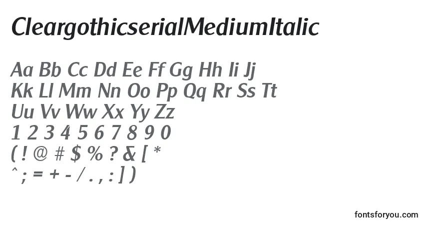 Czcionka CleargothicserialMediumItalic – alfabet, cyfry, specjalne znaki